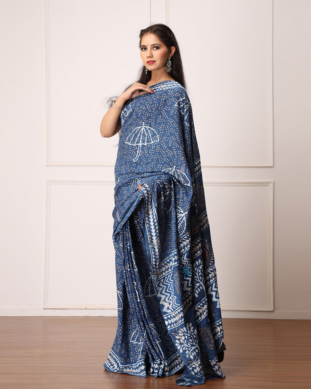 Umbrella Dabu Print Indigo Saree