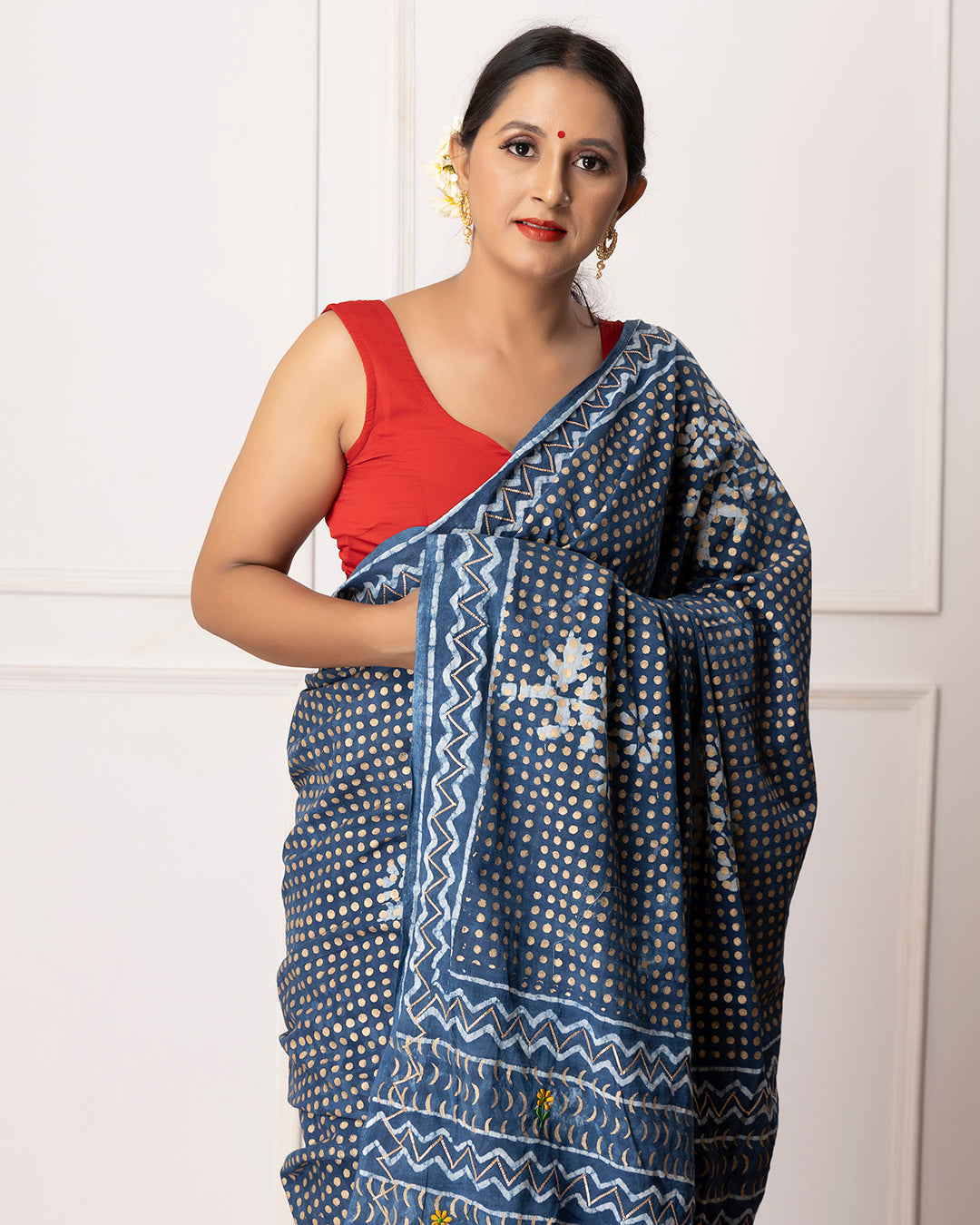 Polka Dots Dabu Print Indigo Saree