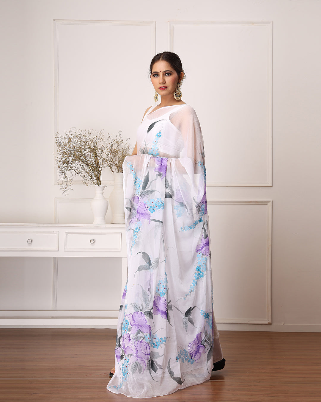 White Floral Hand Painted Chiffon saree