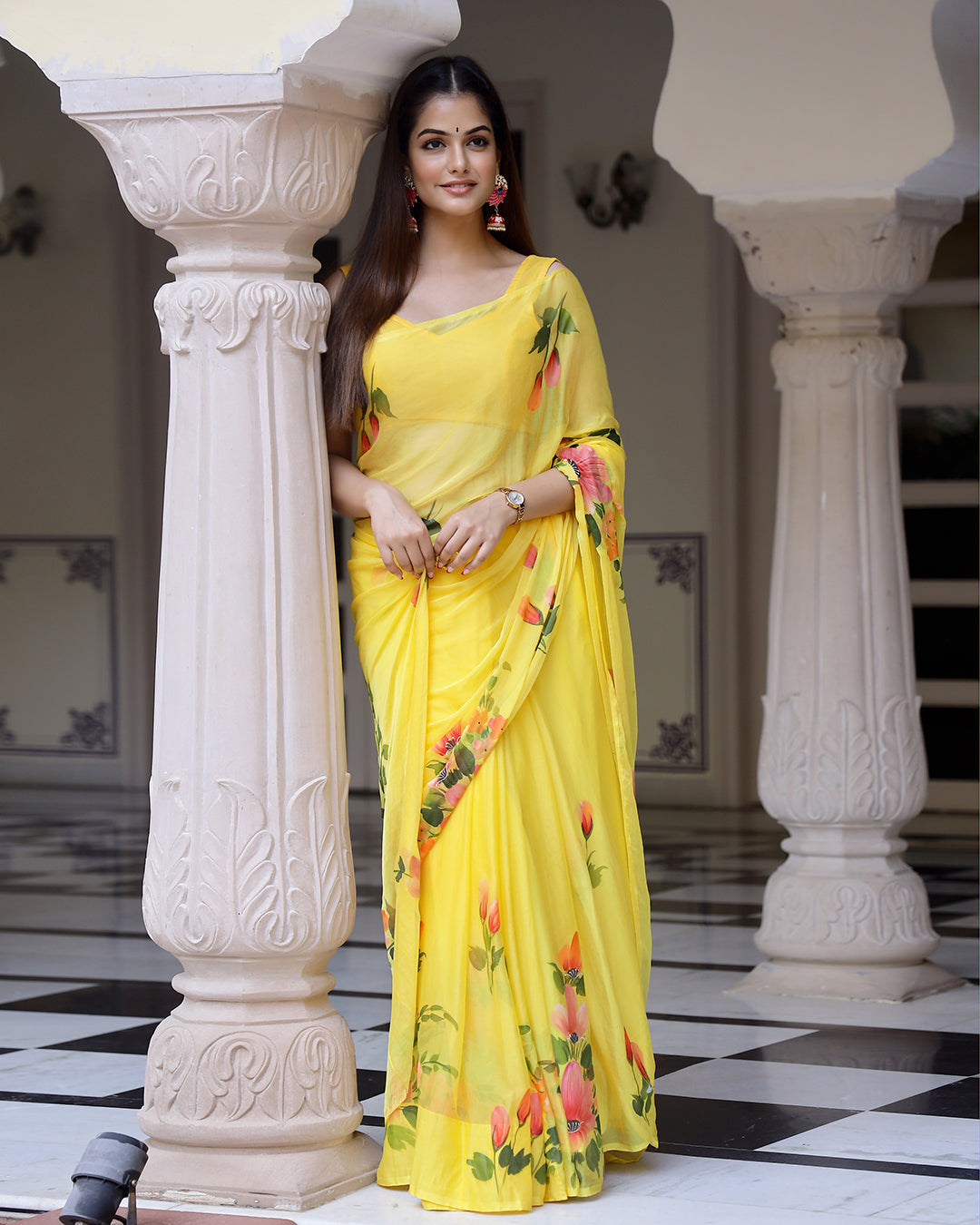 Yellow Hand Painted Chiffon Saree
