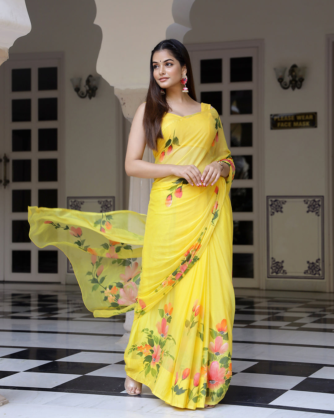 Yellow Hand Painted Chiffon Saree
