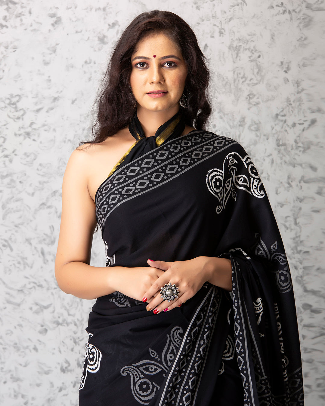 Bold Grey Folk Print Black Mulmul Saree