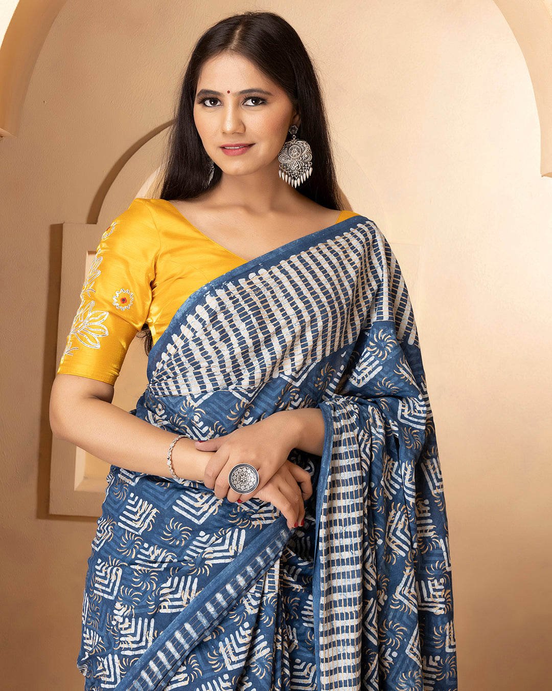Abstract White and Indigo Dabu Print Cotton Saree