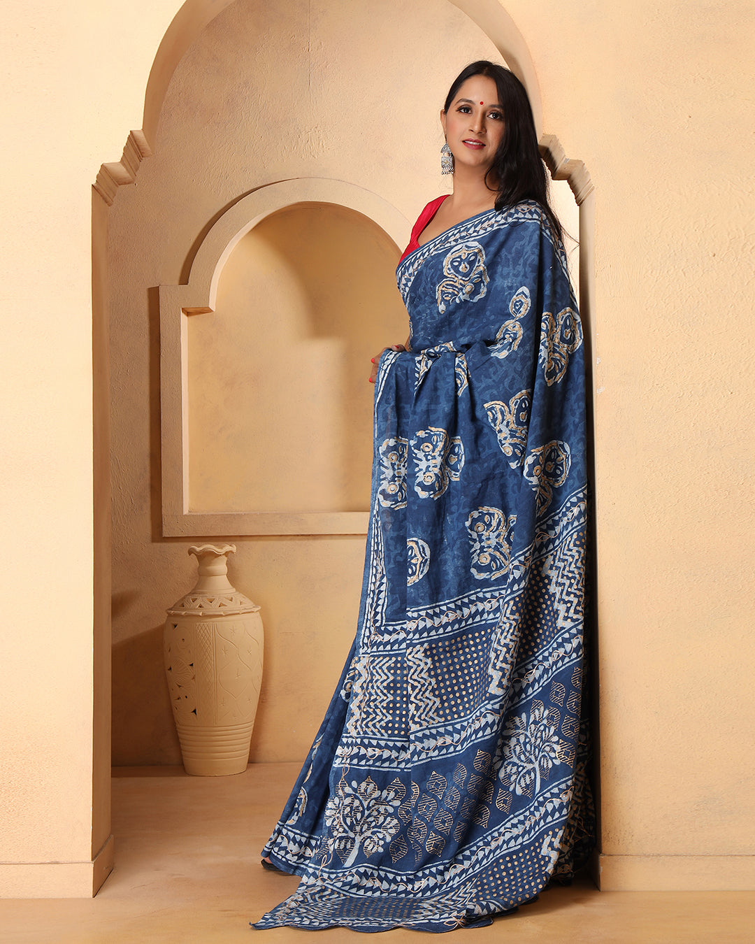 Indigo Abstract Dabu Print Cotton Saree