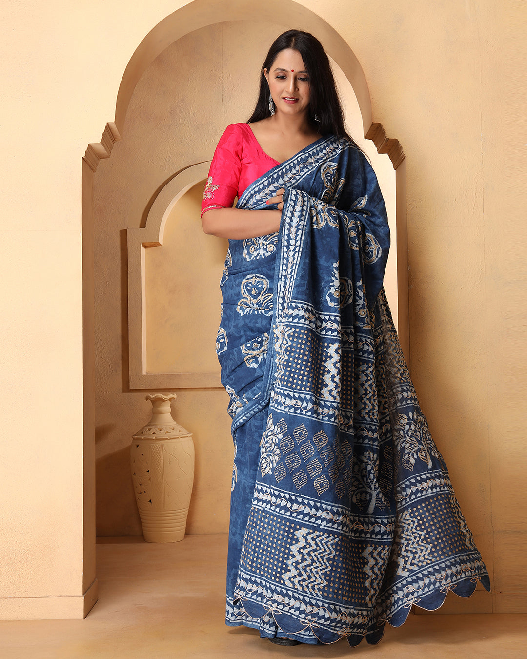 Indigo Abstract Dabu Print Cotton Saree