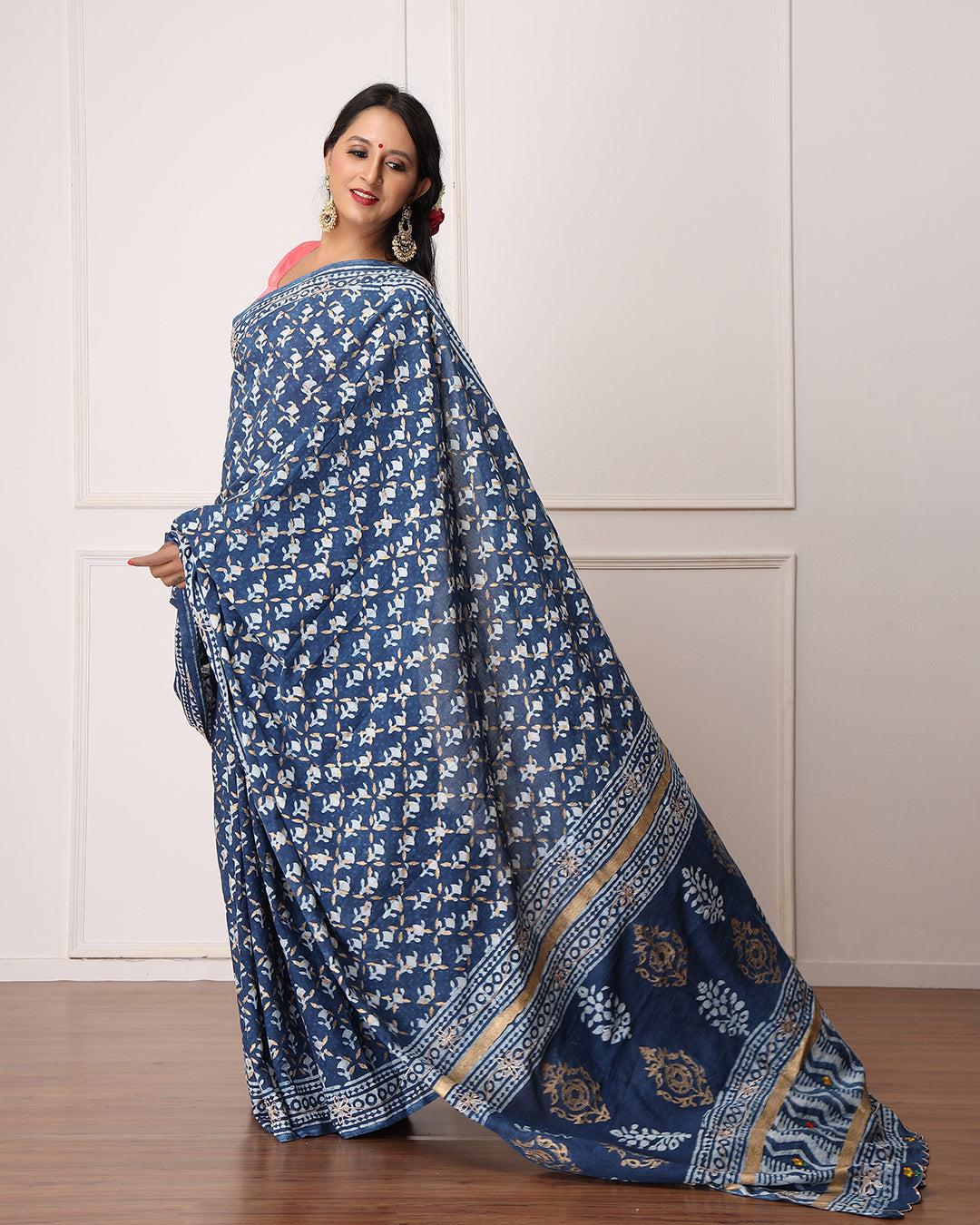 Ruby Indigo Dabu Print Cotton Saree