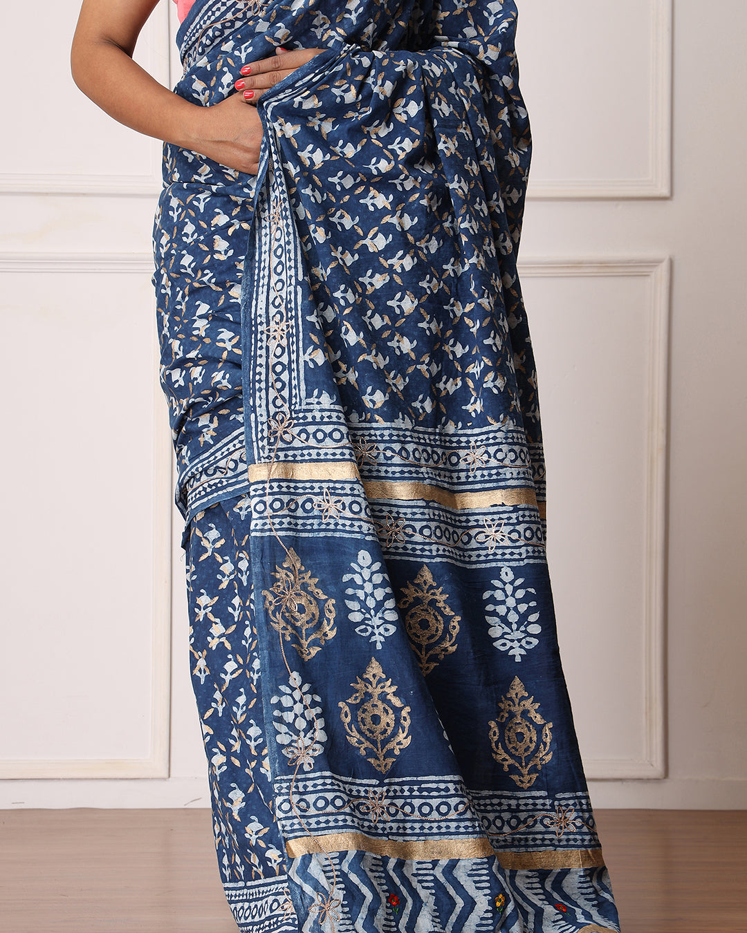 Ruby Indigo Dabu Print Cotton Saree