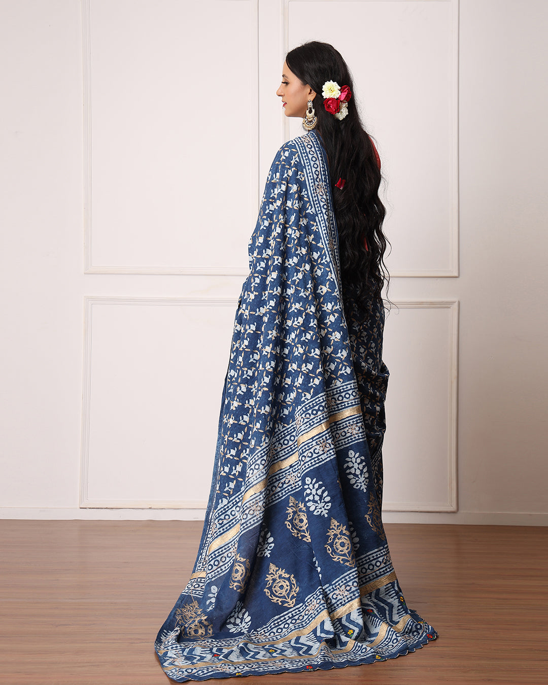 Ruby Indigo Dabu Print Cotton Saree