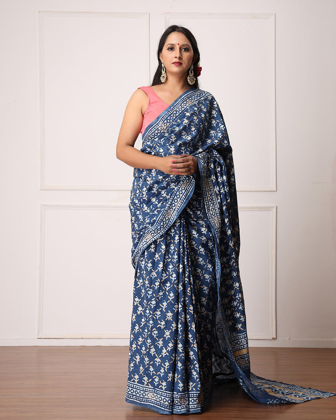Ruby Indigo Dabu Print Cotton Saree