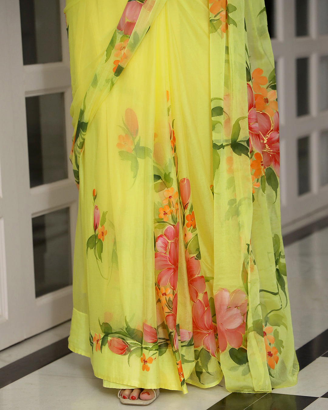Lemon Yellow Floral Hand Painted Chiffon Saree