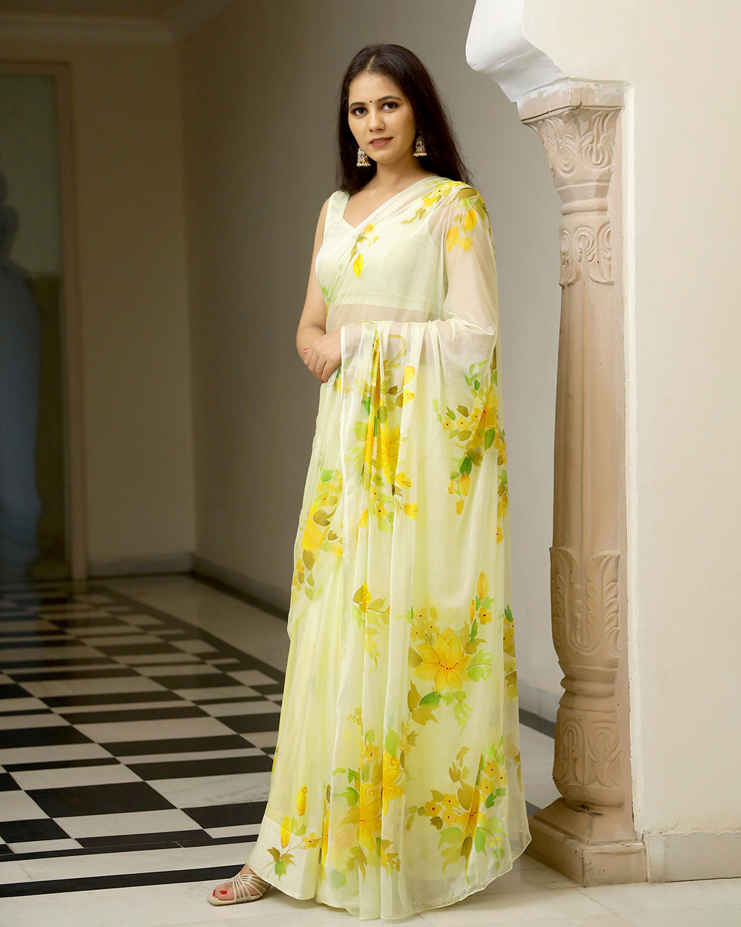 Butter Yellow Hand Painted Chiffon Saree