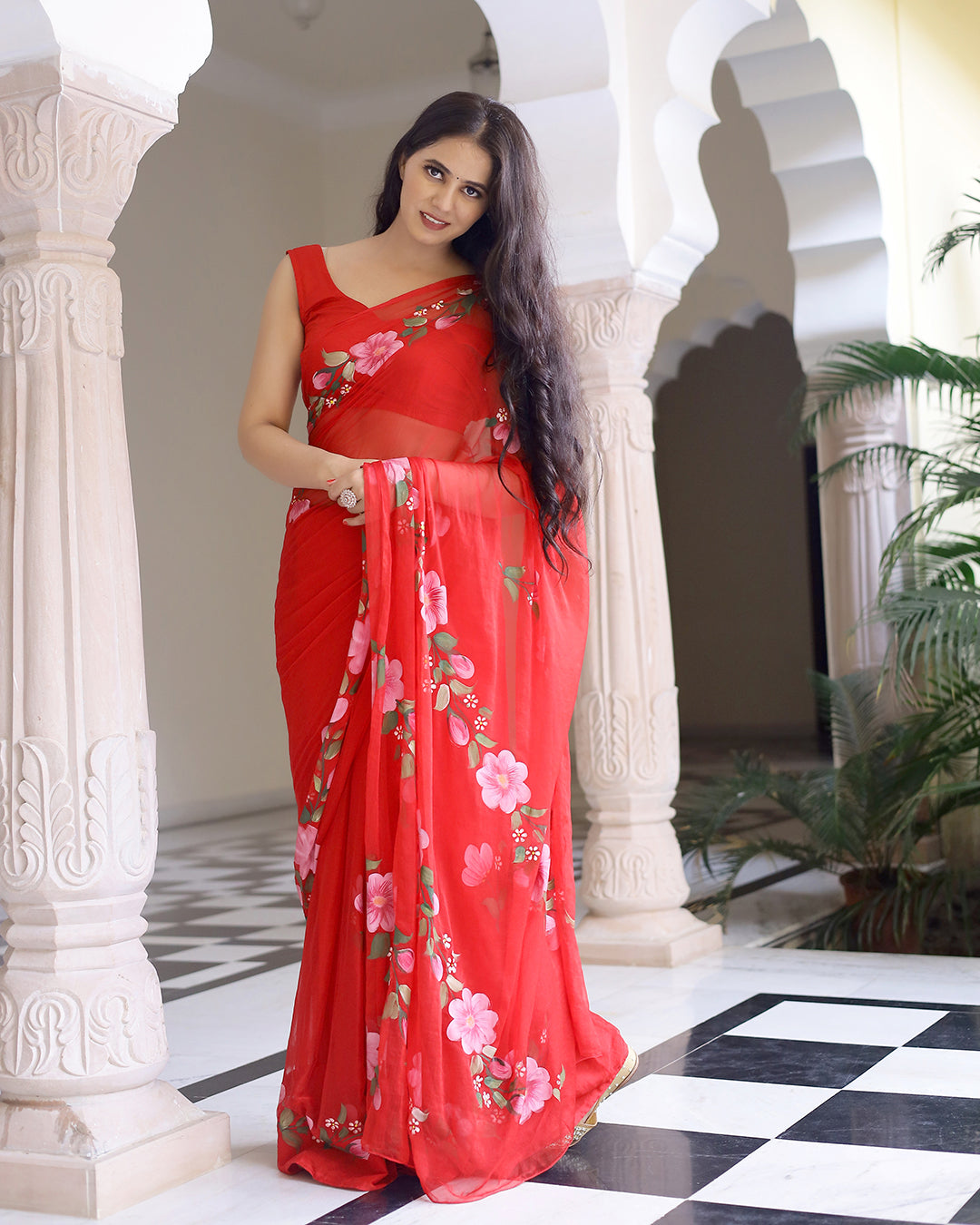 Hot Red Floral Hand Painted Chiffon Saree
