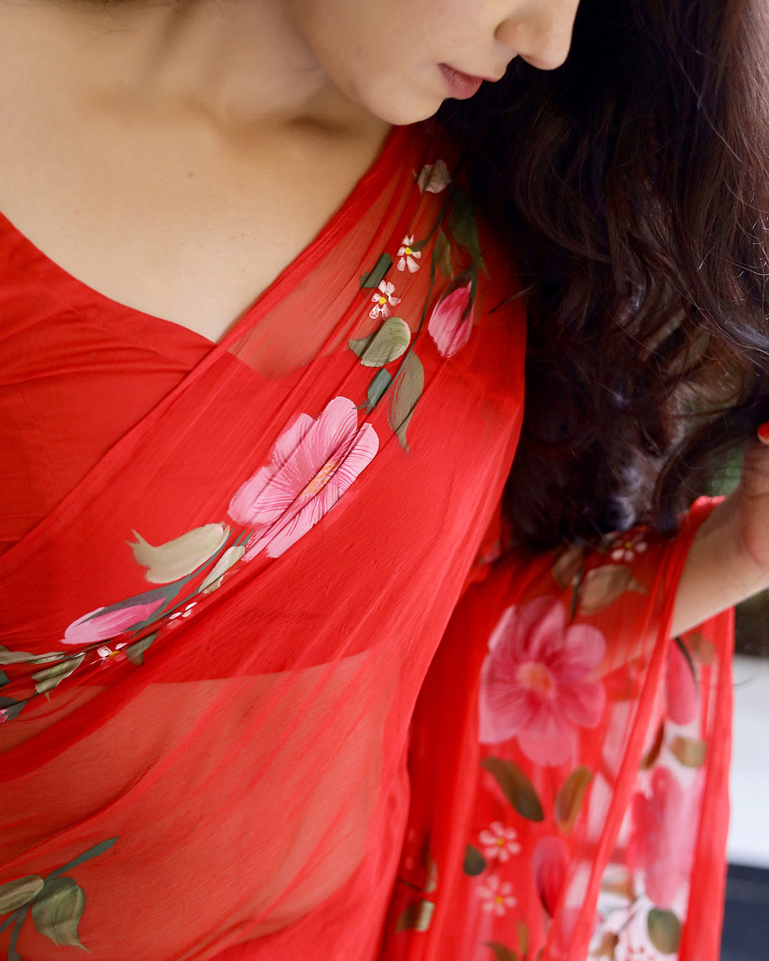 Hot Red Floral Hand Painted Chiffon Saree