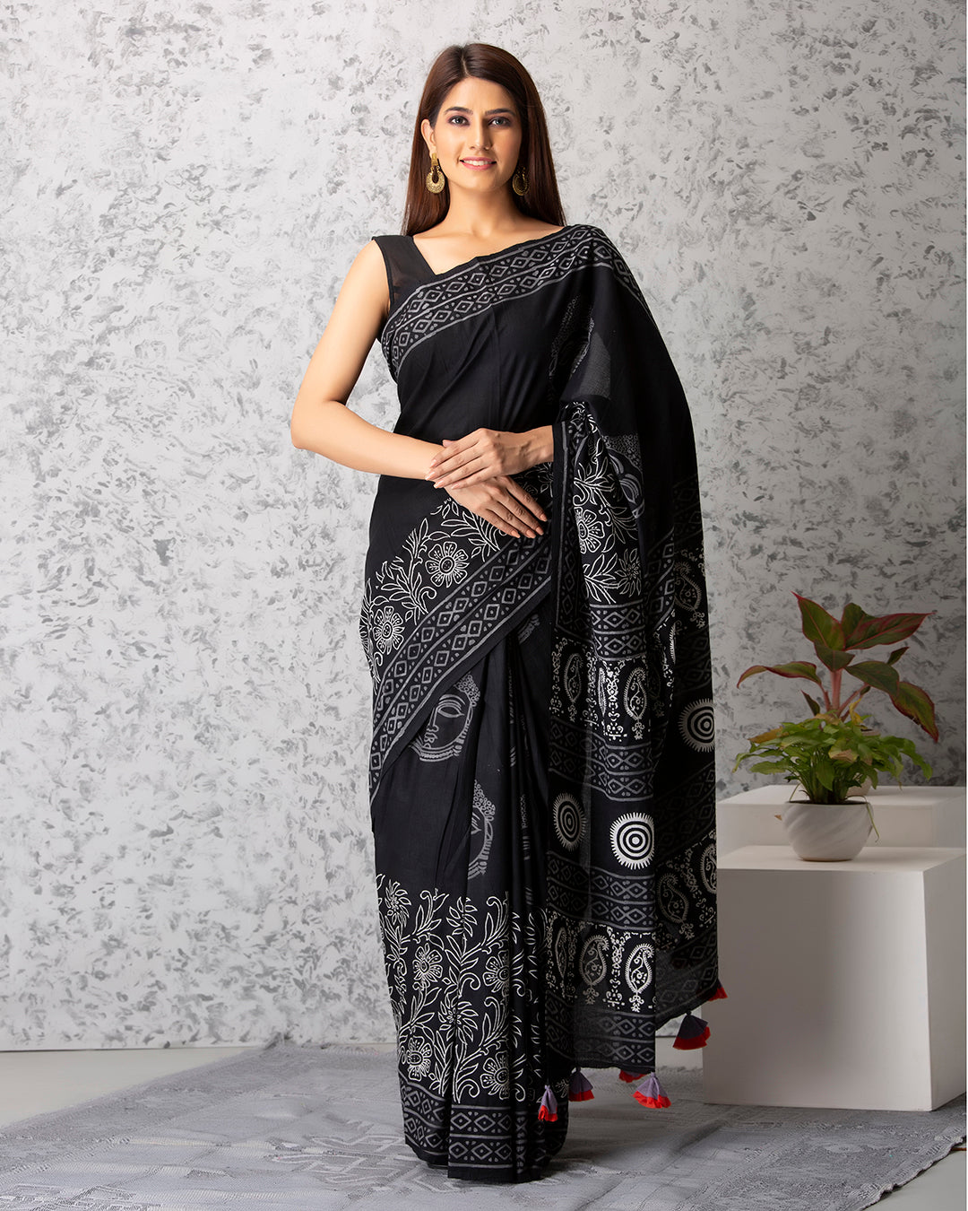 Black Handblock Printed Mulmul Saree