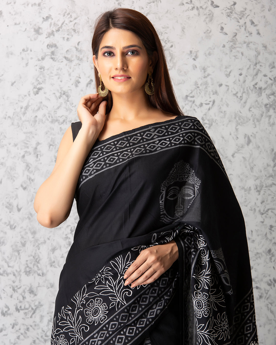 Black Handblock Printed Mulmul Saree